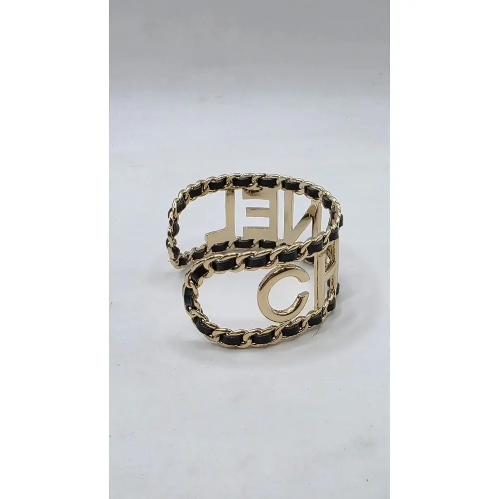 Chanel Gold-tone Leather 'CHANEL' Cuff Bracelet